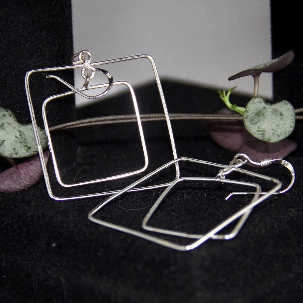Sterling Silver 925 Double Square Geometric Drop Earrings Minimalist Dangle